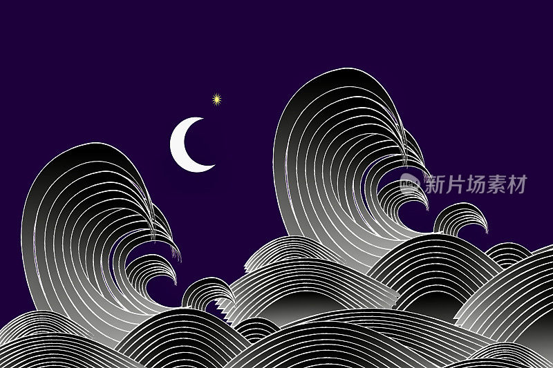 日式海浪和月亮