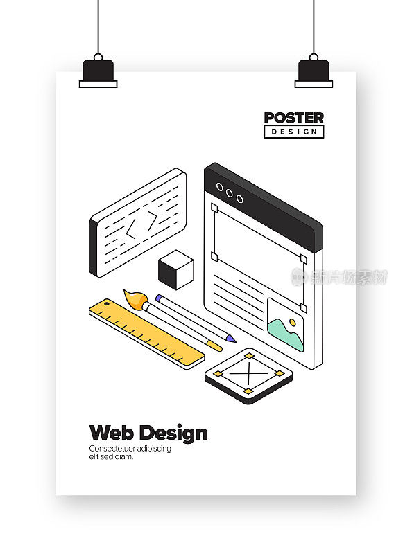 网页设计概念等角网页横幅，海报，封面和横幅的三维设计