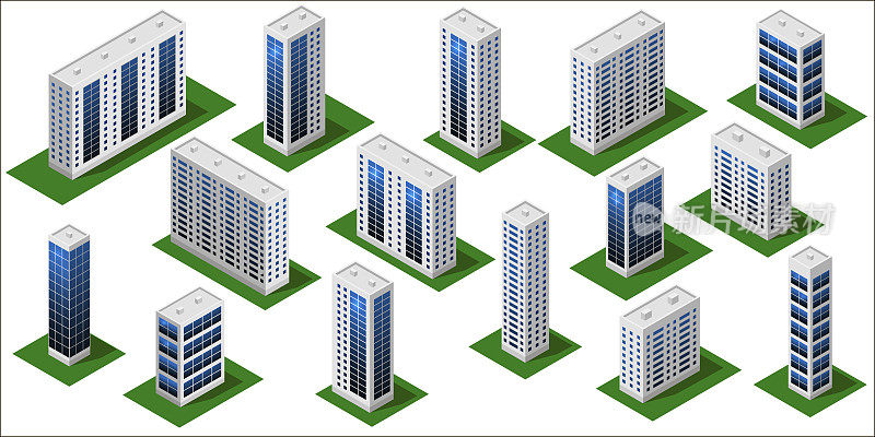 现代城市等距集。大办公室和商店大楼。孤立的模块,