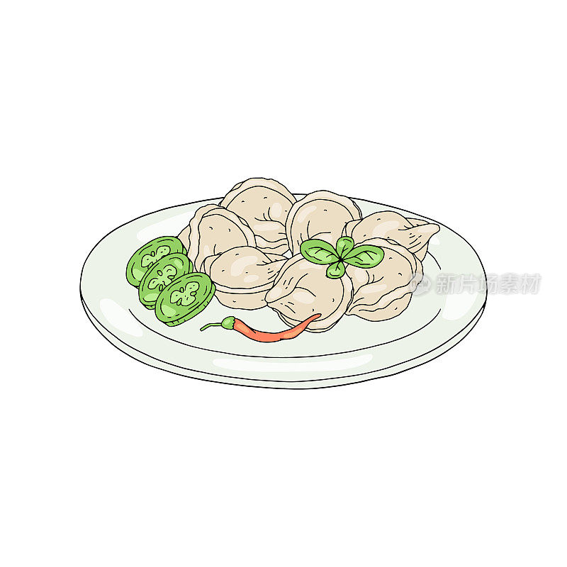 饺子准备菜盘与蔬菜矢量插图隔离。