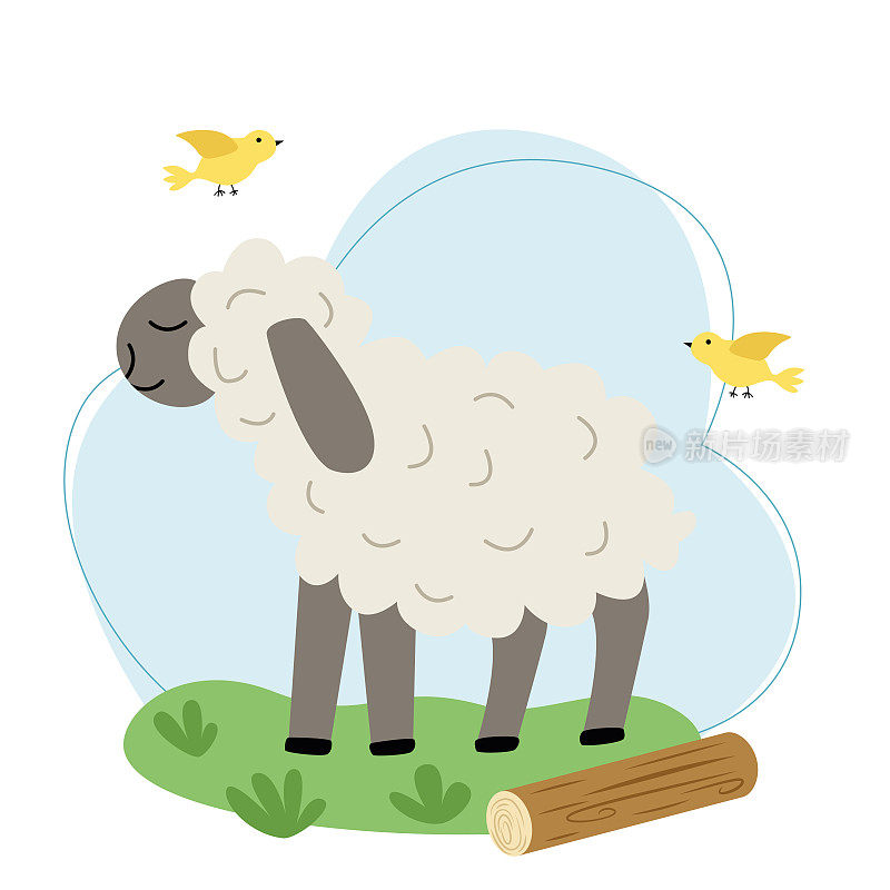 矢量插图与卷曲的羔羊在天空和草地的风格平坦。