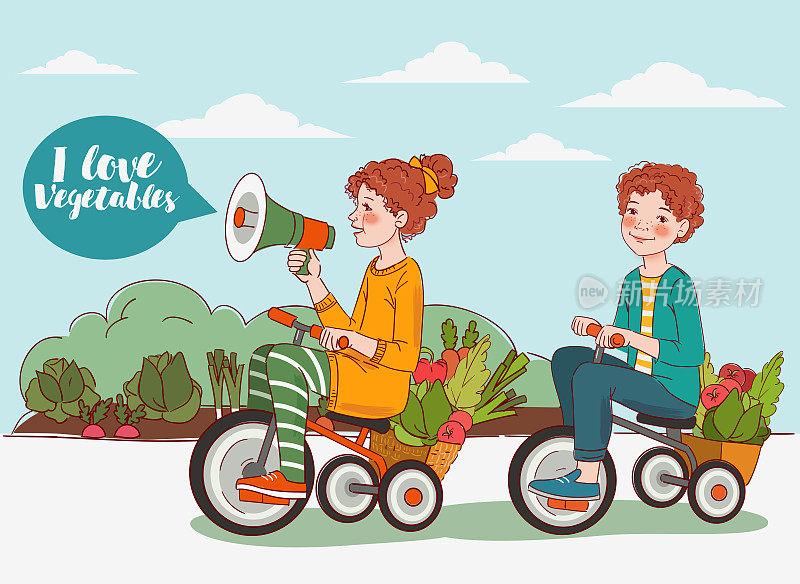 可爱的男孩和女孩带着新鲜的蔬菜在花园里骑自行车。有趣的女孩对着扩音器大喊。夏季素材插图