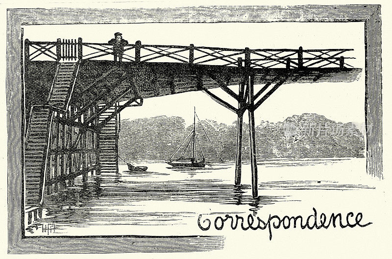 站在桥上或河上的码头上的人物，维多利亚时代的艺术插图