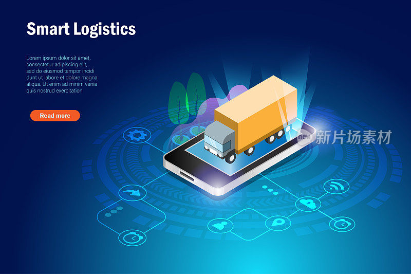 全球智能物流。智能手机上的虚拟送货卡车。物流与供应链配送，运输技术概念。