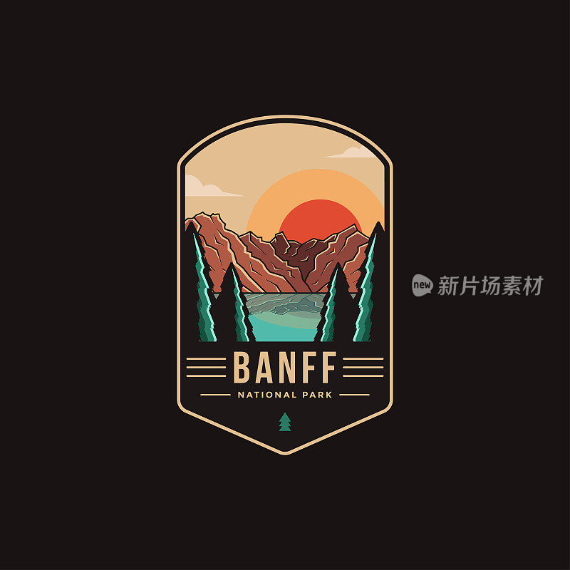 Banff国家公园的徽章斑块矢量插图在黑暗的背景