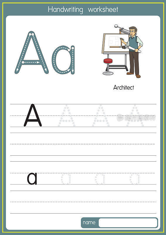 矢量插图建筑师与字母字母A大写字母或大写字母为儿童学习实践ABC