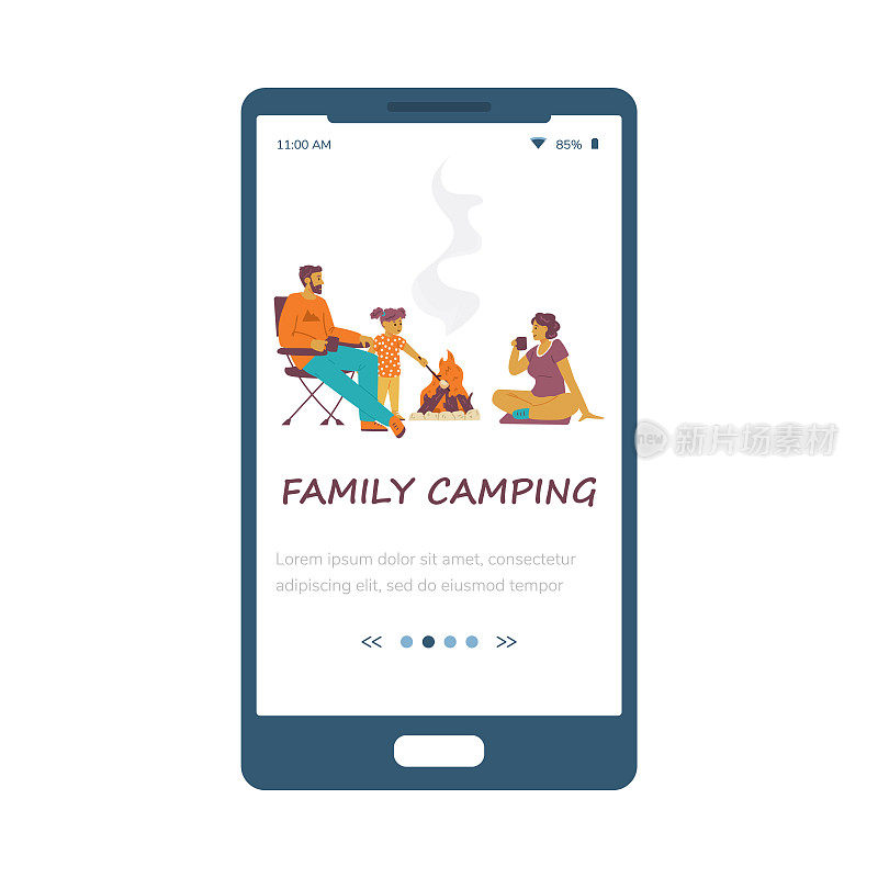 家庭露营寄宿移动应用程序用户界面，平面矢量插图。