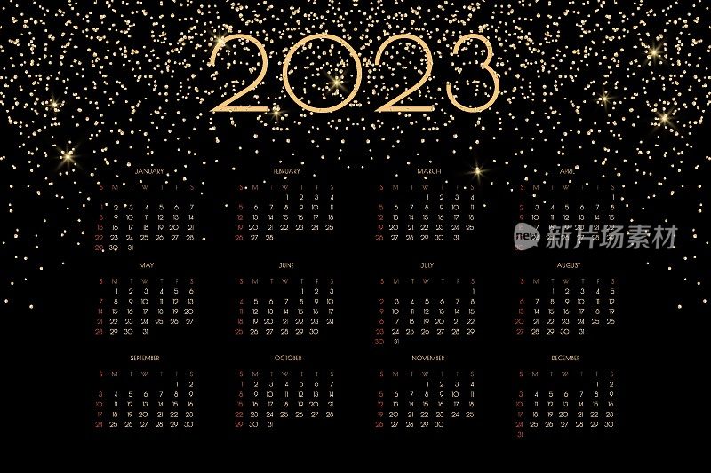 2023年历具有奢华的金光闪闪和喇叭裤，丰富的横向设计适合挂历或台历规划师
