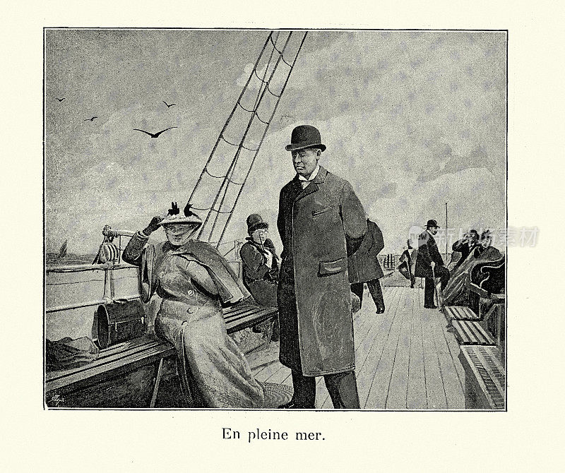 19世纪晚期,乘客走在从布洛涅到伦敦的跨海峡渡船的甲板上