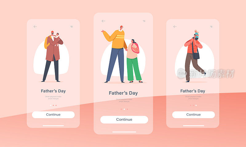 父亲节移动应用程序页面板载屏幕模板。有孩子的快乐爸爸，家庭角色爸爸，儿子或女儿