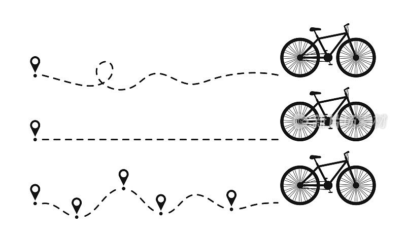 自行车图标虚线路径与起点。一套自行车道轨迹与位置或地图引脚和虚线路线。向量