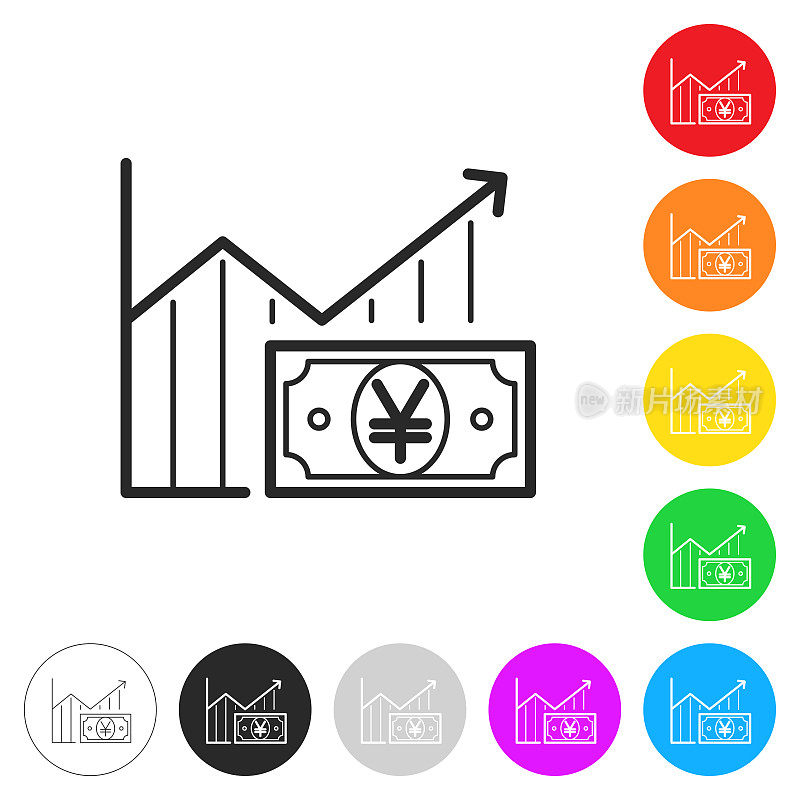 日元钞票增长图表。彩色按钮上的图标