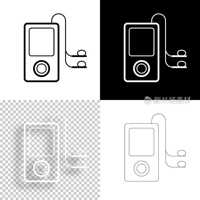 带耳机的Mp3播放器。图标设计。空白，白色和黑色背景-线图标