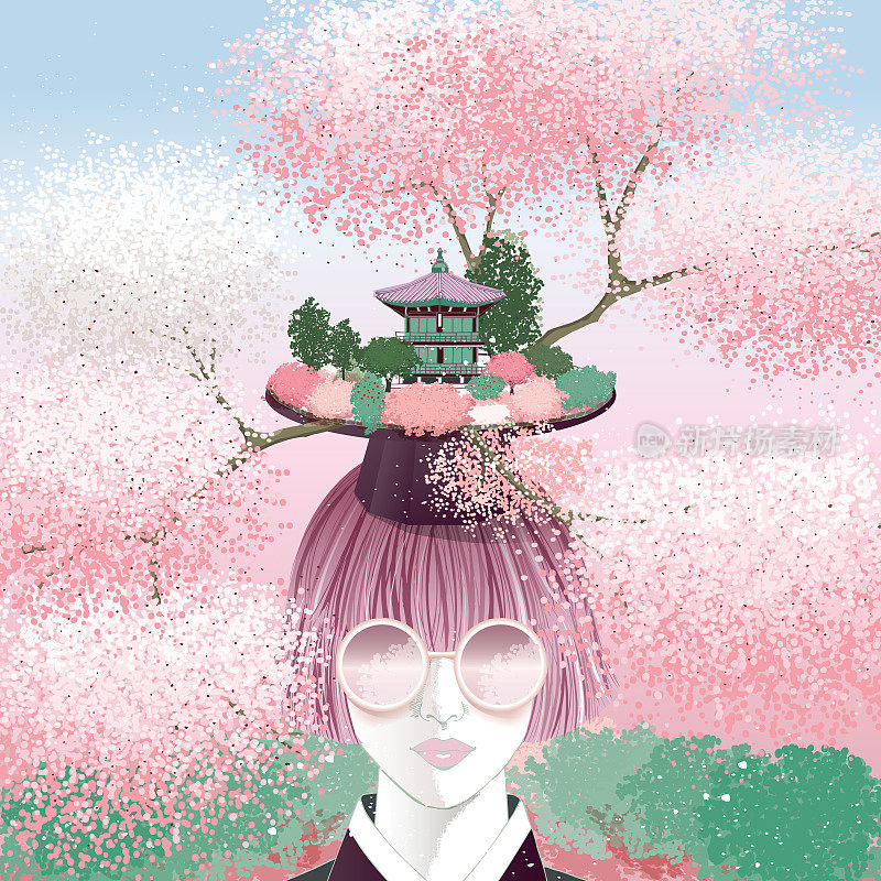一个女孩戴太阳镜和用花装饰她的头发的向量插图。