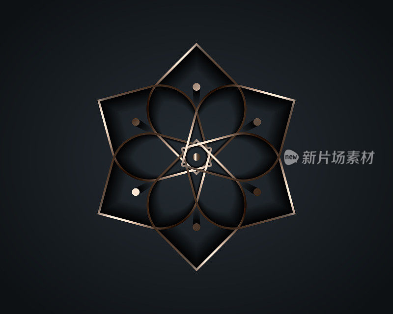 银莲花曼陀罗，象征神圣几何学的生命种子。品牌图标几何神秘曼荼罗炼金术秘花。矢量金金属线艺术神圣冥想护身符孤立在黑色背景