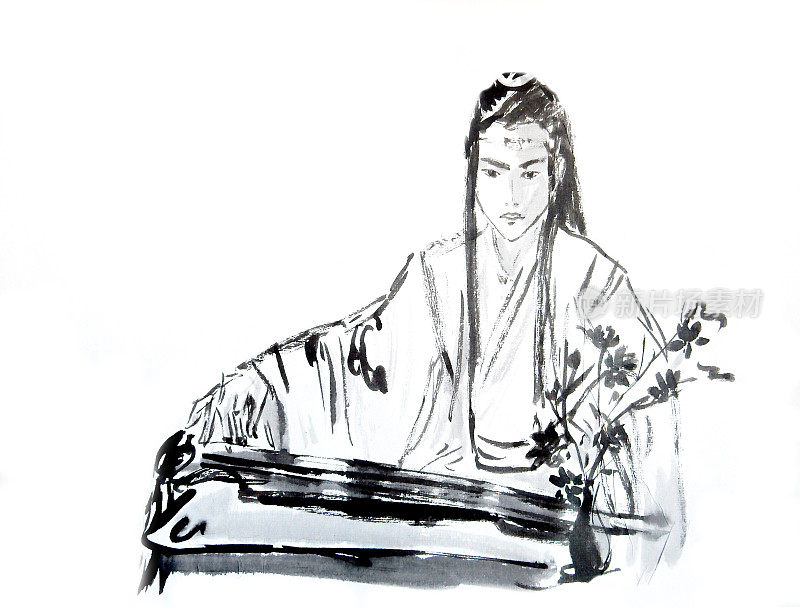 中国男子音乐家穿着中国服装演奏古琴，画中国风格的水墨画