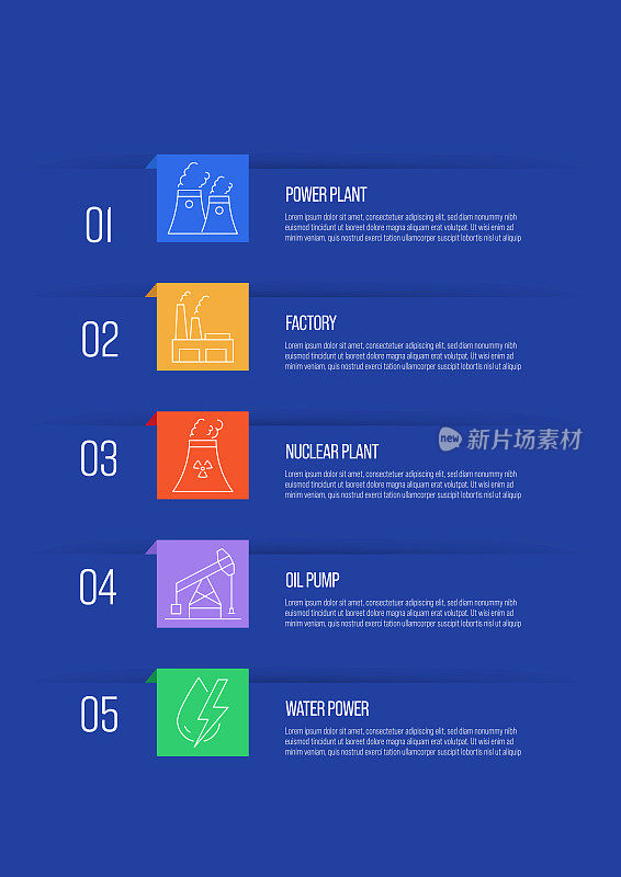 重型和电力工业概念矢量线信息图设计与图标。5选项或步骤的表示，横幅，工作流程布局，流程图等。