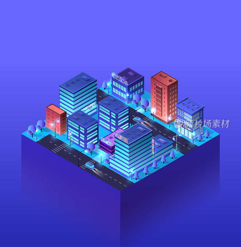 城市未来智能城市等距夜光建筑3D插图