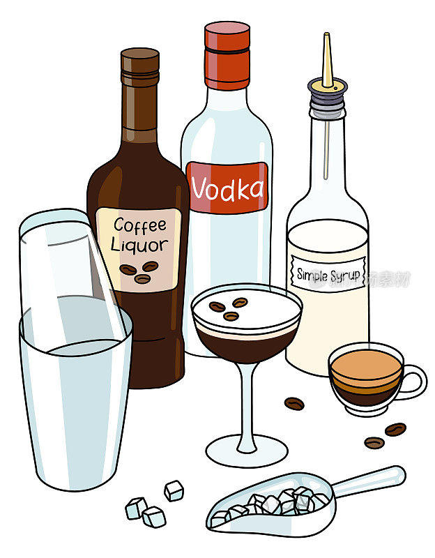 时尚的手绘涂鸦卡通风格的浓缩马提尼鸡尾酒组成。一瓶伏特加、咖啡酒、糖浆和摇壶。适合制作酒吧菜单、烹饪书食谱、贴纸或卡片。
