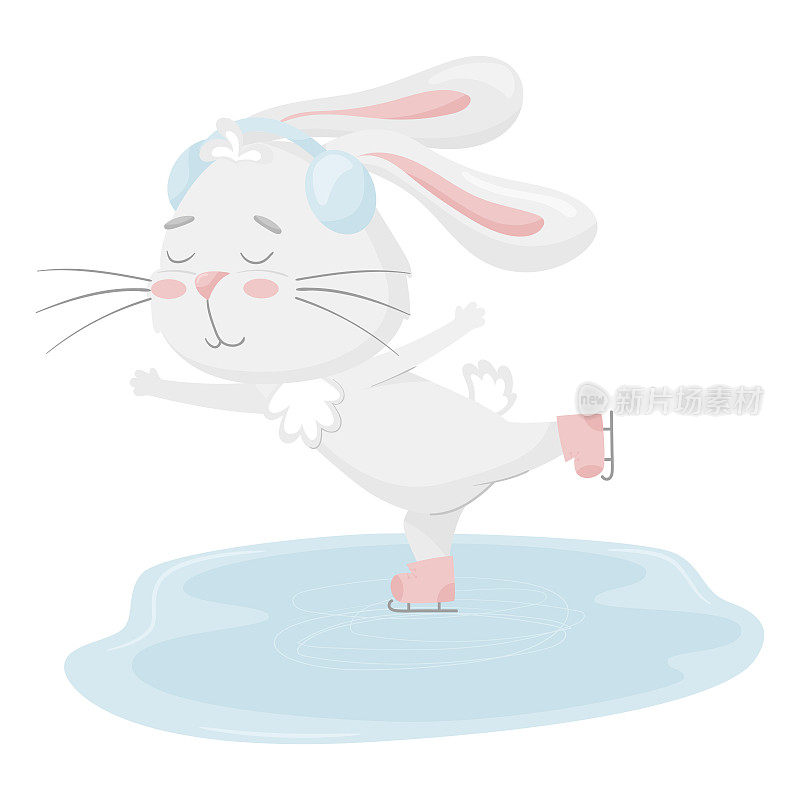 可爱的兔子戴着耳机在溜冰场溜冰。可爱的动物，一个色彩柔和的人物。冬天有趣的活动。用于卡片、衣服、t恤印花。矢量图孤立在白色上