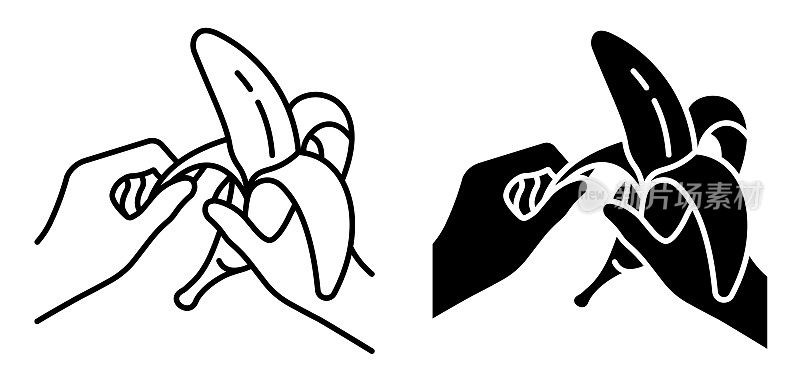 线性图标，女性双手剥香蕉水果。水果饮食与健康饮食。简单的黑色和白色矢量孤立在白色背景