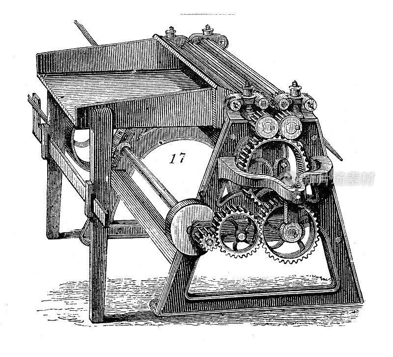 古董插图，应用机械和机器，纺织工业:生产亚麻的机器