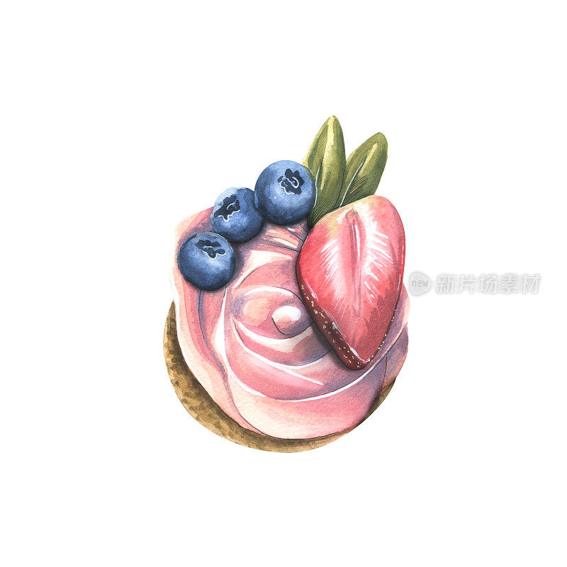 蛋糕配粉色奶油，草莓和蓝莓。水彩插图。从大量的SWEETS集合中分离出来的对象。用于装潢设计、明信片构图、包装、菜单、标志。