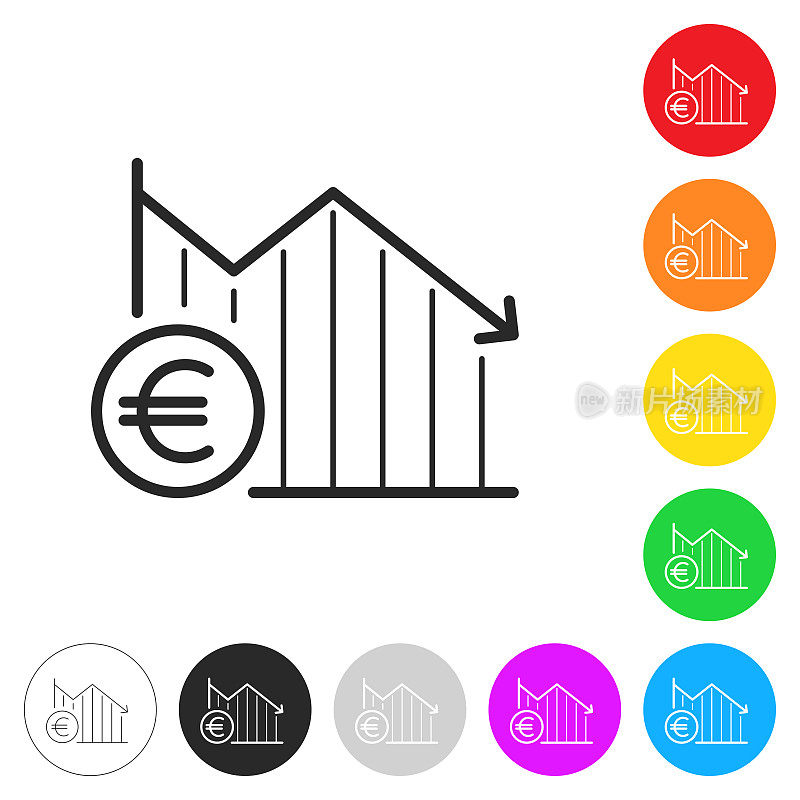 与欧元硬币下降图表。彩色按钮上的图标