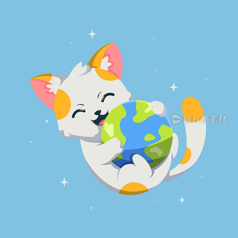 可爱的猫玩地球行星卡通矢量图标插图。动物吉祥物概念插图。平的卡通风格