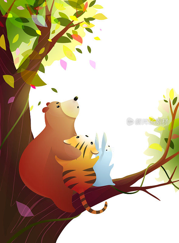 可爱的森林动物熊，兔子和老虎在树上
