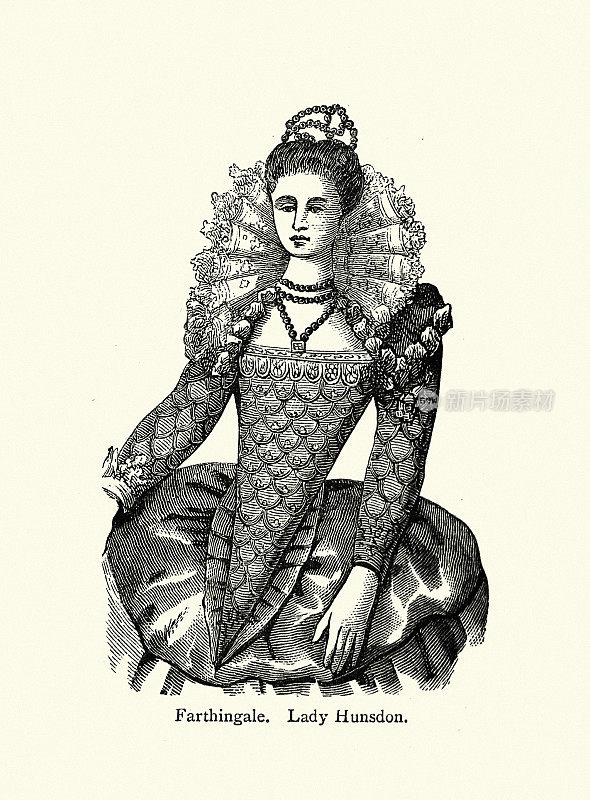 复古插画汉斯顿夫人穿着17世纪的Farthingale服装