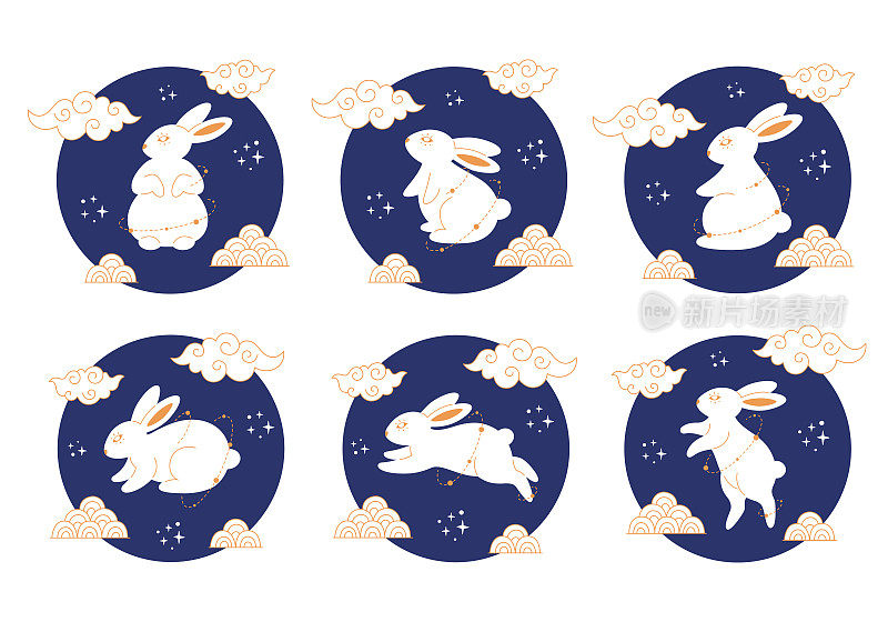 可爱的小白兔，象征着中国的新年。兔年。中秋节。手绘矢量插图