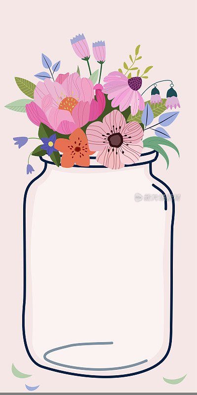 写在满是不同花朵的花瓶上的重要信息。关于装满植物的罐子的关键信息。花卉玻璃与关键公告。