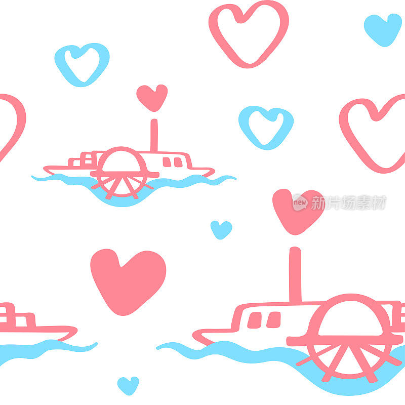 内河汽船采用管道和水轮无缝花纹。手绘矢量插图。适用于网页背景，礼品纸，织物或纺织品。