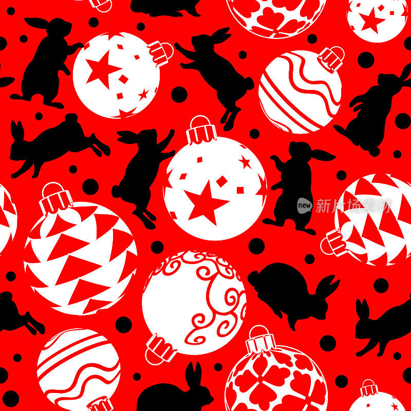 新年和圣诞节庆祝概念的扁平风格。无缝的圣诞背景与兔子和圣诞玩具的彩色背景。