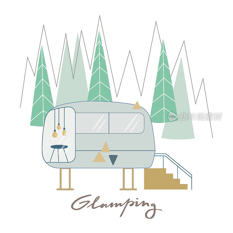豪华房车，大篷车环绕松林进行户外放松。可爱的矢量插图为web。