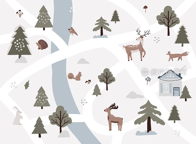 冬季地图雪景户外景观与乡村森林野生动物。舒适的房子在森林，河流，圣诞树，动物鹿，驼鹿，狐狸，松鼠，野兔，刺猬。矢量插画平面风格