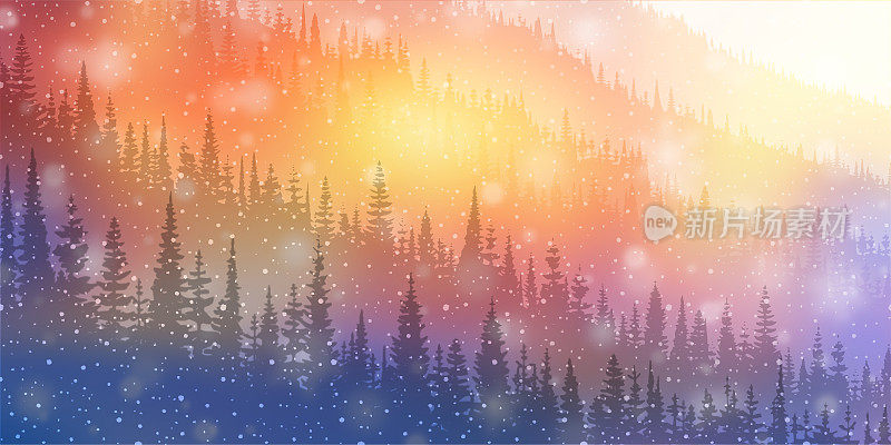 梦幻的冬季森林，降雪和散景效果，明亮的节日背景