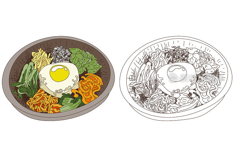 手绘韩国菜拌饭插图。矢量插图的拌饭食谱。拌饭是用煎蛋、鱿鱼、虾、黄瓜、豆芽和海带做成的韩国传统食物。亚洲食品。