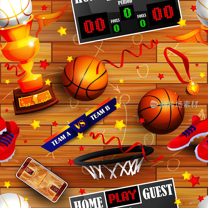 无缝背景的团队比赛，体育和胜利的卡通风格。篮球用品和体育器材的背景下，一个篮球场地与游戏策略。