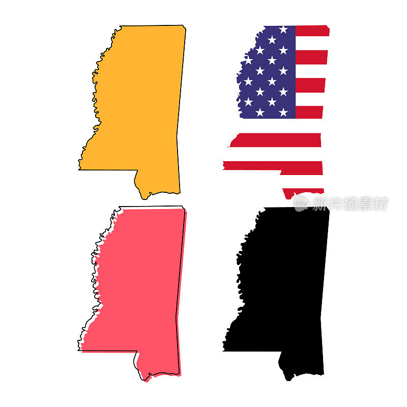 一套美国密西西比州地图。平面概念图标矢量插图