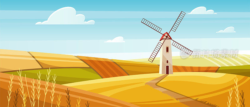 农用风车在乡村景观，乡村公路到筒仓塔用风力发电机