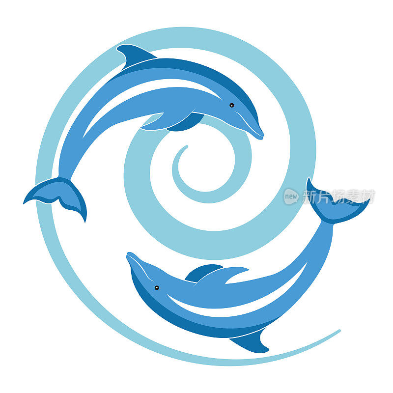 海豚在蓝色的海浪中。用于印刷材料或网站设计