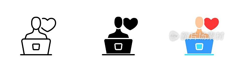约会应用程序设置图标。网站，会议，心碎，感情，爱情，喜欢按钮，光标，手指，电脑，情侣。关系的概念。矢量图标在直线，黑色和彩色的风格