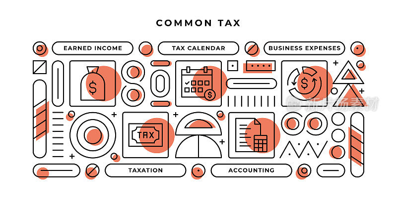 常见的税务信息图概念几何形状和收入，税务日历，业务费用，税收线图标