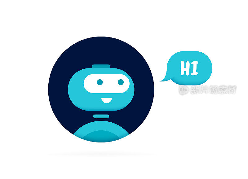 聊天机器人会说HI。可爱的3d机器人标志。聊天机器人标志设计。机器人在线咨询和支持服务。平面矢量图