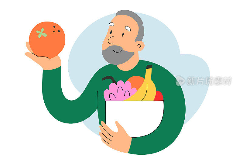 老人在杂货店买新鲜水果，微笑的老人拿着橘子，把水果装进纸袋，平面矢量插图