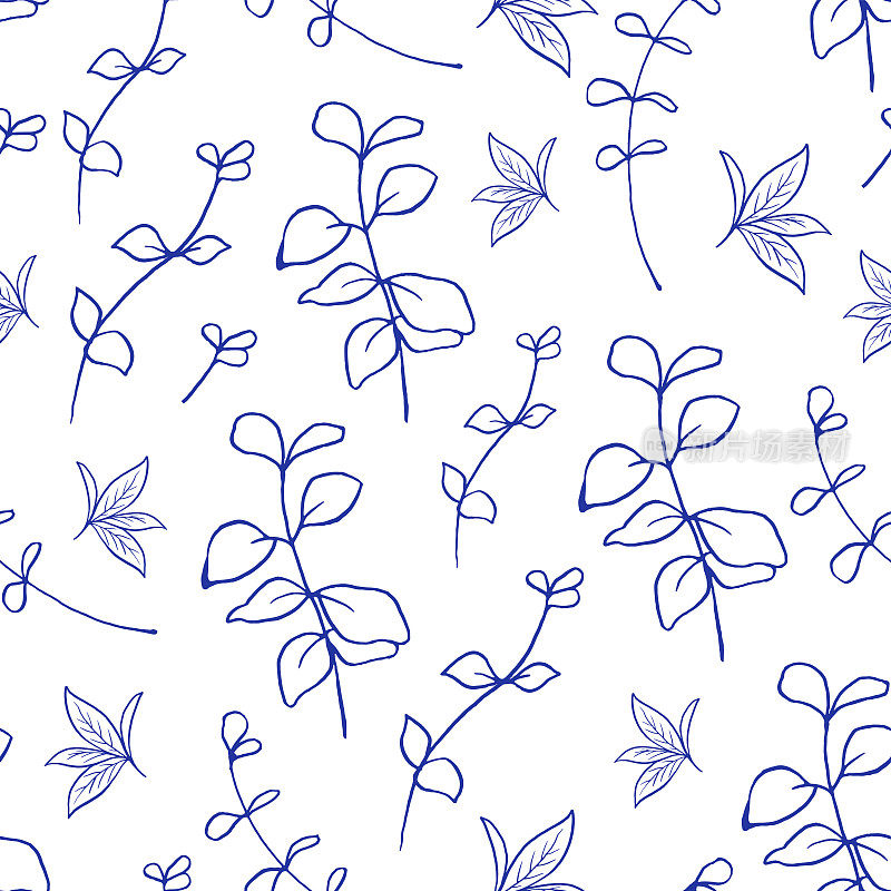 无缝模式与蓝色香草花束在白色背景。中国风格的启发。