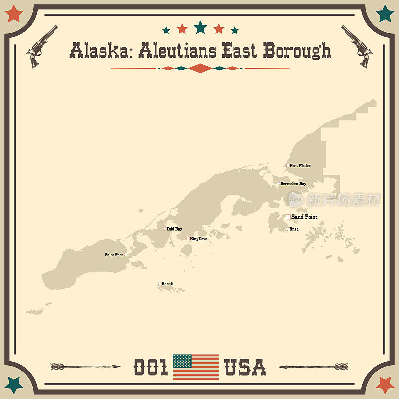 美国阿拉斯加州阿留申群岛东部行政区的复古地图。