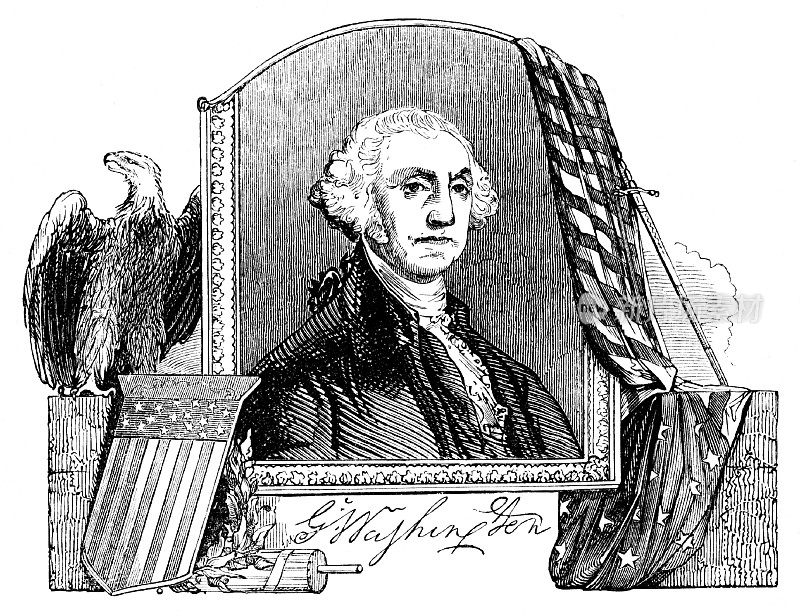 乔治·华盛顿肖像及签名，鹰，美国国旗，美国第一任总统，独立战争，国父，18世纪美国历史